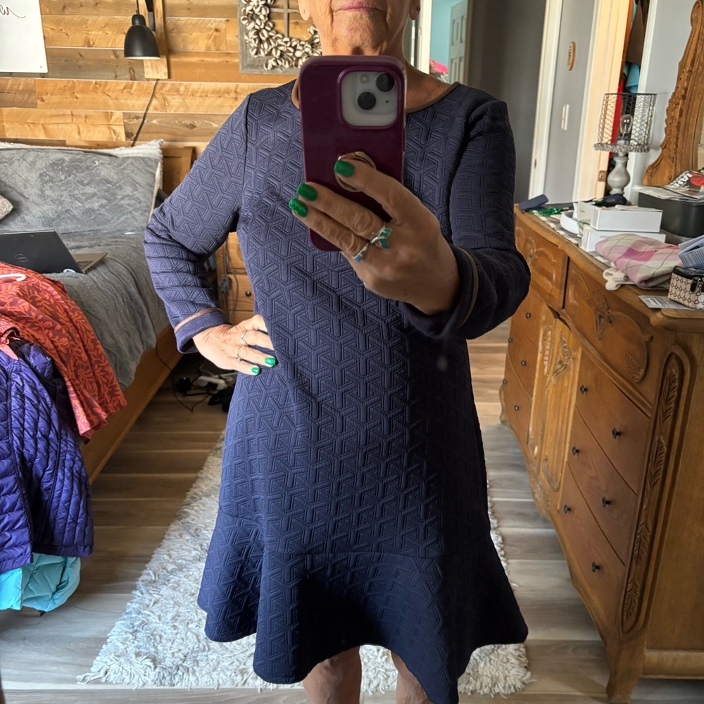STS Navy Textured Fit-and-Flare Dress with Subtle Trim. Size Medium.